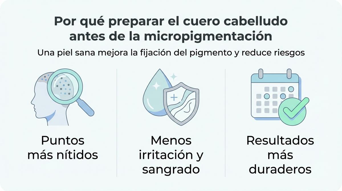Diagrama con tres beneficios de preparar el cuero cabelludo antes de la micropigmentación capilar.