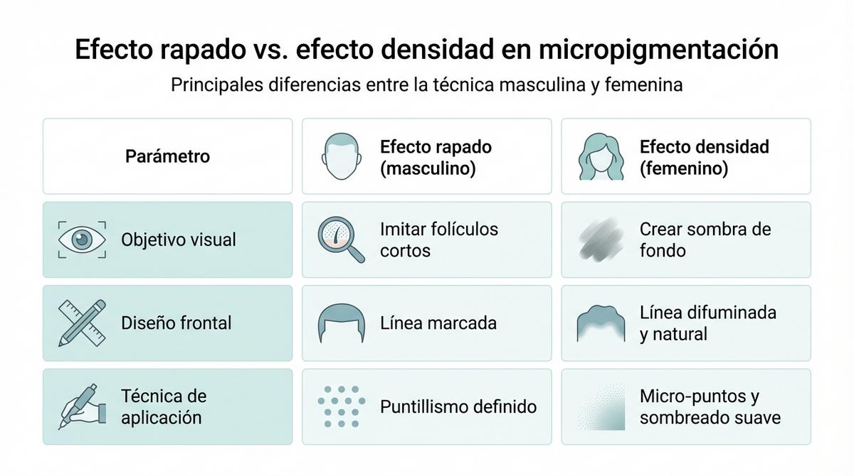 Diagrama que compara el efecto rapado masculino con el efecto densidad femenino en micropigmentación capilar.