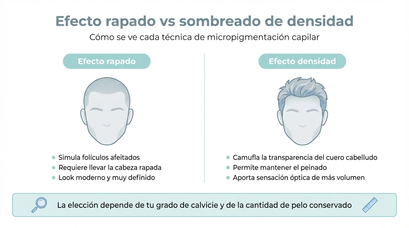 Infografía que compara visualmente el efecto rapado y el efecto de densidad en micropigmentación capilar.
