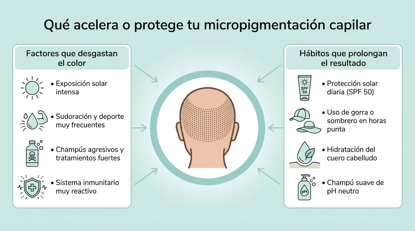 Diagrama que resume los factores que aceleran el desgaste de la micropigmentación capilar y los hábitos que la protegen.