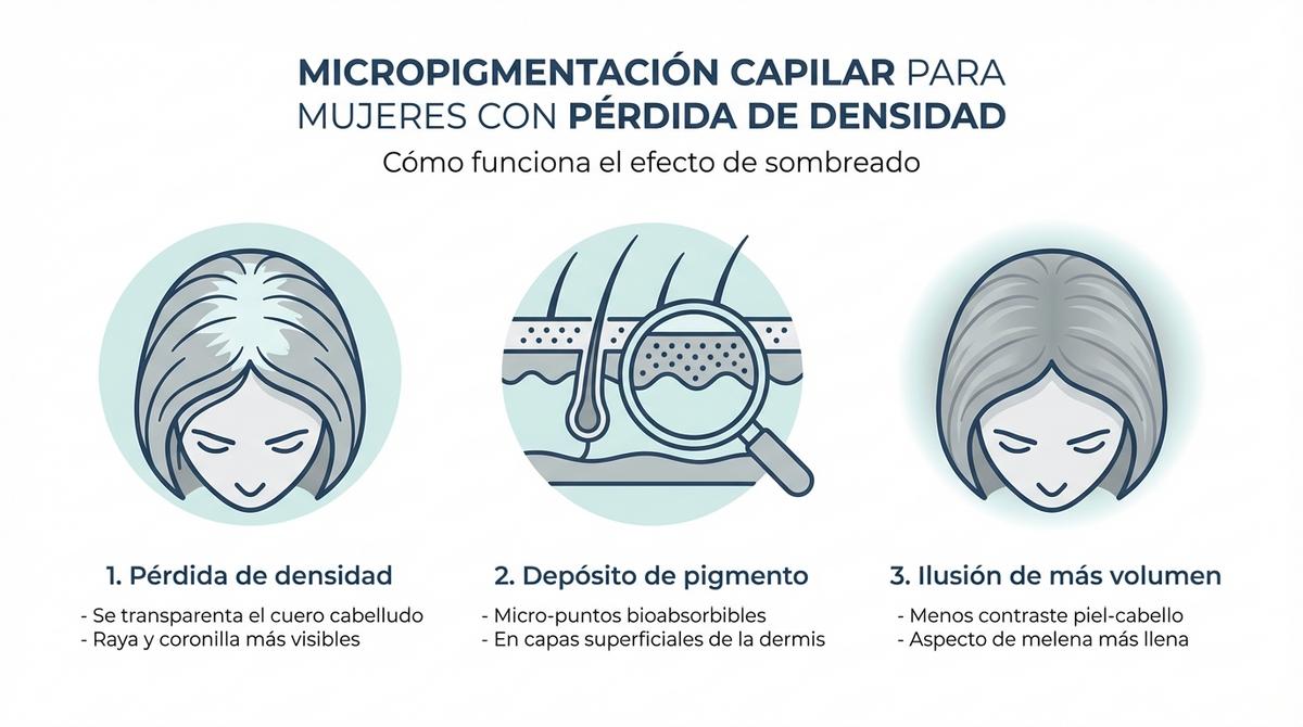 Infografía que explica el funcionamiento del sombreado en la micropigmentación capilar para mujeres con pérdida de densidad.