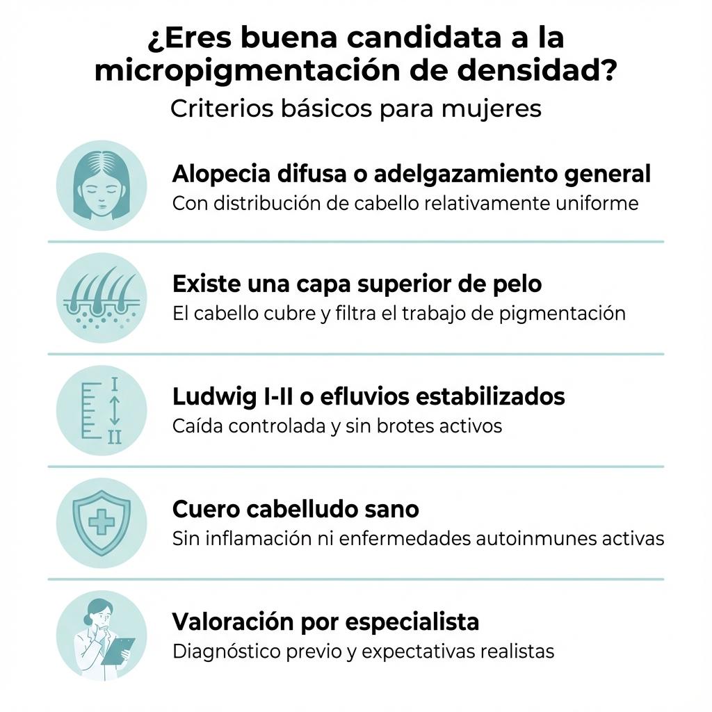 Infografía que resume el resultado visual, la duración y el mantenimiento de la micropigmentación capilar de densidad.