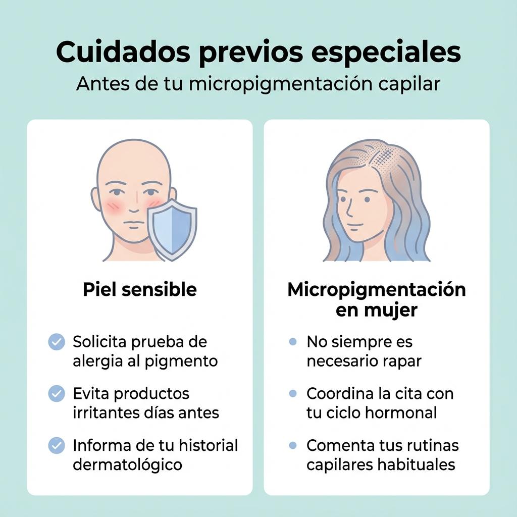 Infografía sobre cuidados previos en pieles sensibles y en mujeres antes de la micropigmentación capilar.
