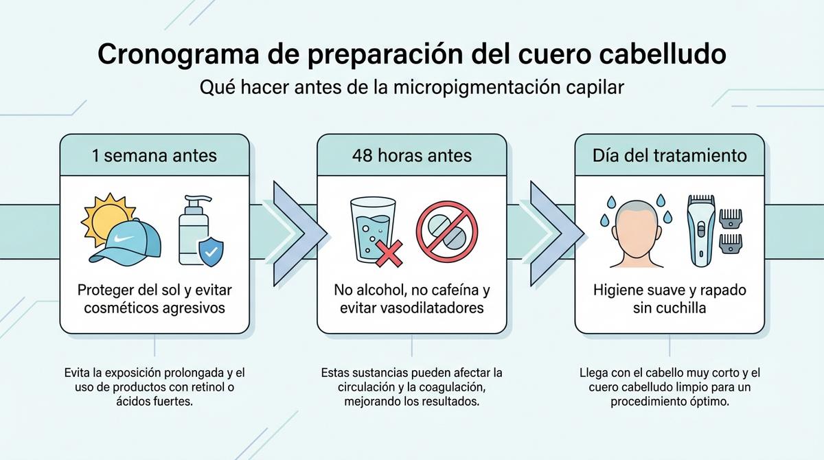 Línea de tiempo con los pasos para preparar el cuero cabelludo la semana previa a la micropigmentación capilar.
