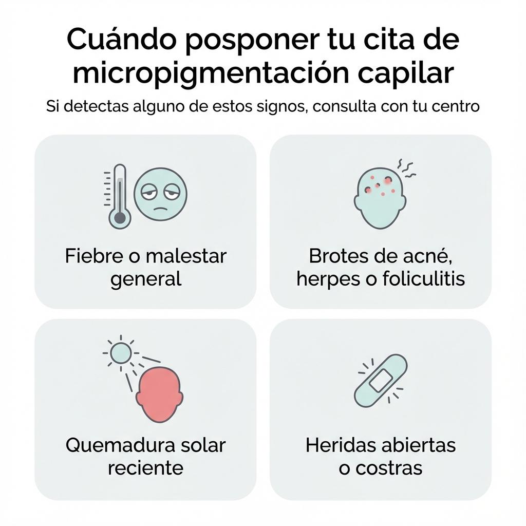 Matriz visual con cuatro motivos comunes para posponer una sesión de micropigmentación capilar.