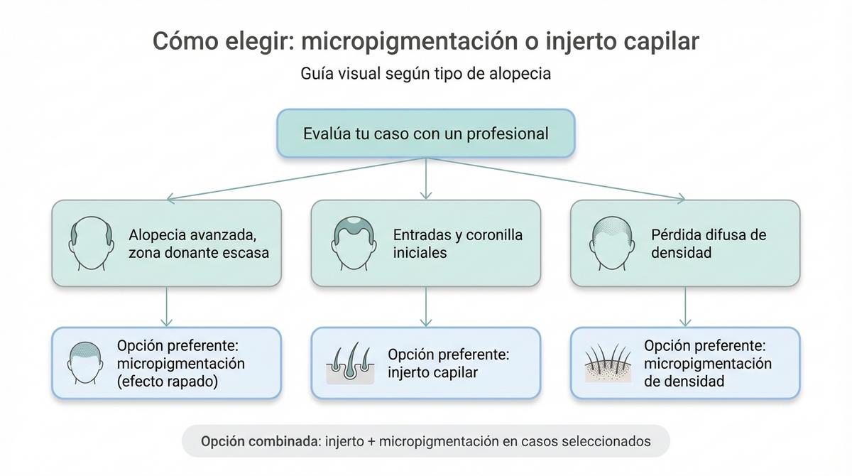 Diagrama de decisión que indica cuándo elegir micropigmentación o injerto capilar según el tipo de alopecia