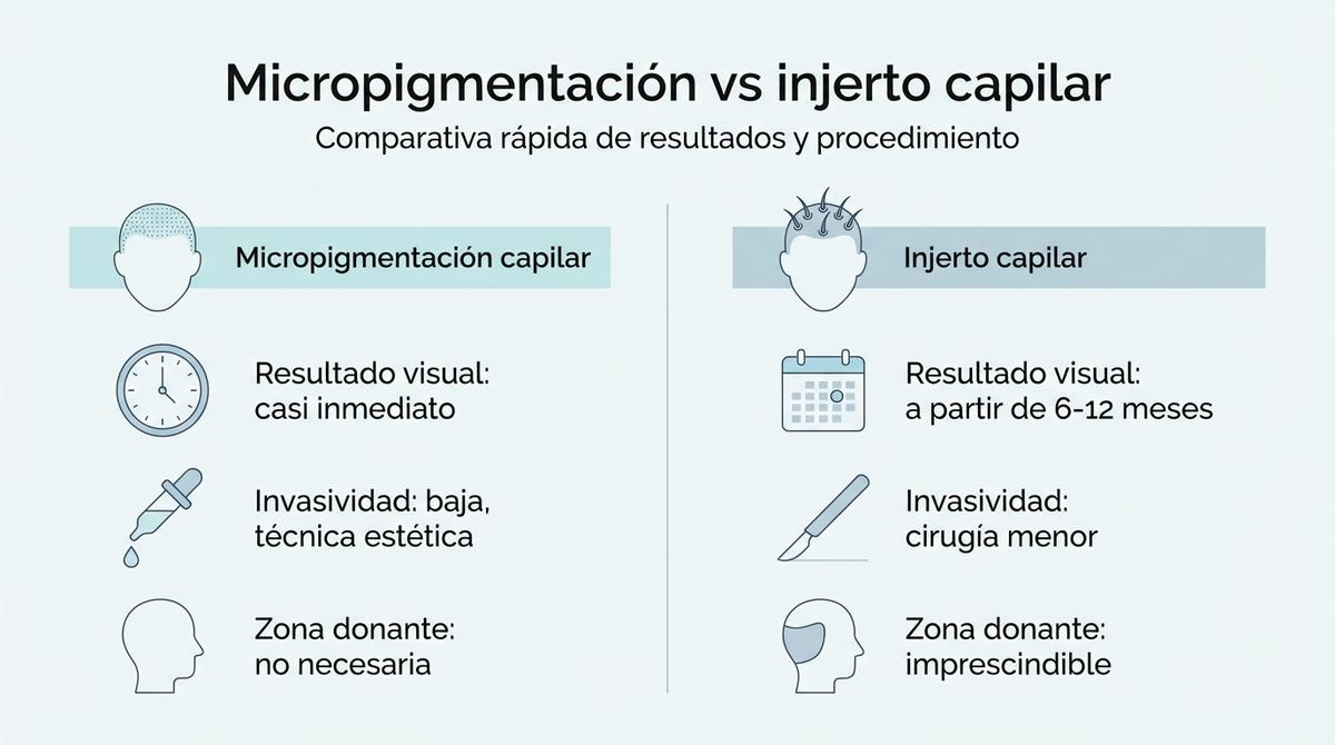 Infografía comparativa de micropigmentación capilar e injerto capilar con sus principales diferencias