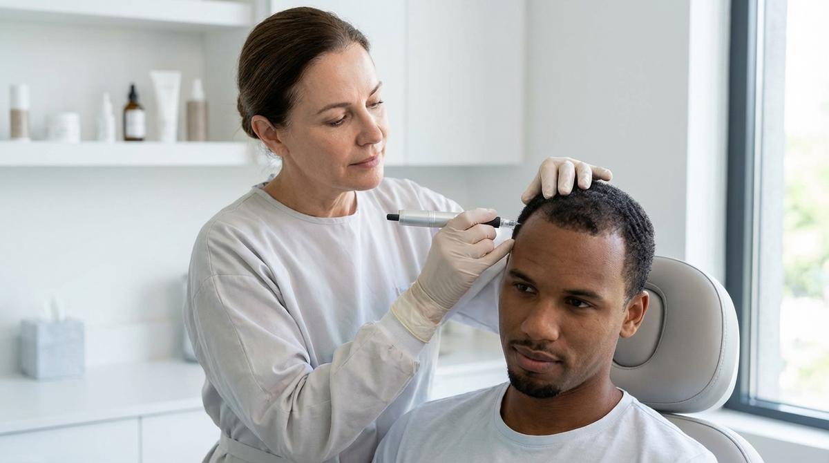 Infografía que resume el protocolo técnico de profundidad, densidad y elección de pigmento en micropigmentación capilar para pieles oscuras y cabello con volumen.