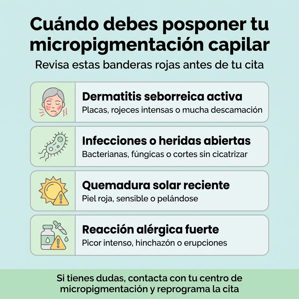 Checklist visual con las principales banderas rojas para posponer una sesión de micropigmentación capilar.