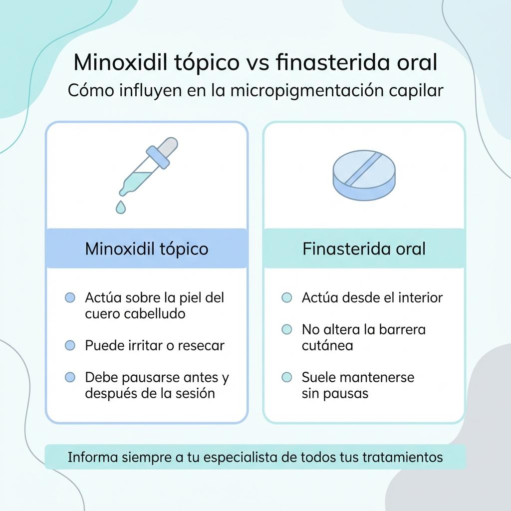 Diagrama comparativo entre minoxidil tópico y finasterida oral aplicado a la micropigmentación capilar.
