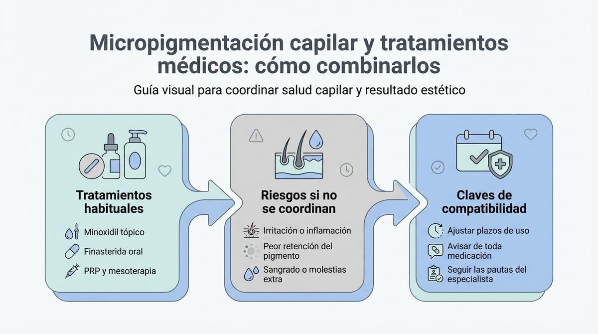Diagrama que muestra cómo combinar tratamientos médicos como minoxidil, finasterida o PRP con la micropigmentación capilar de forma segura.