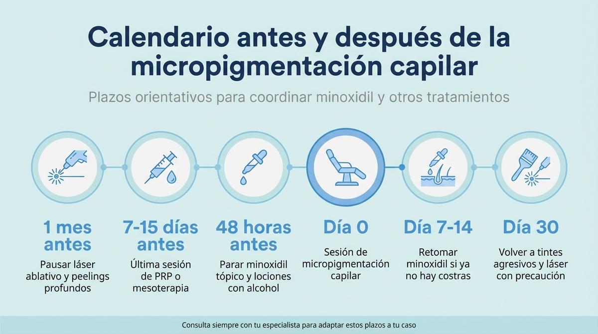 Infografía en forma de línea de tiempo con los plazos recomendados antes y después de la micropigmentación para usar minoxidil, PRP, láser y otros tratamientos.