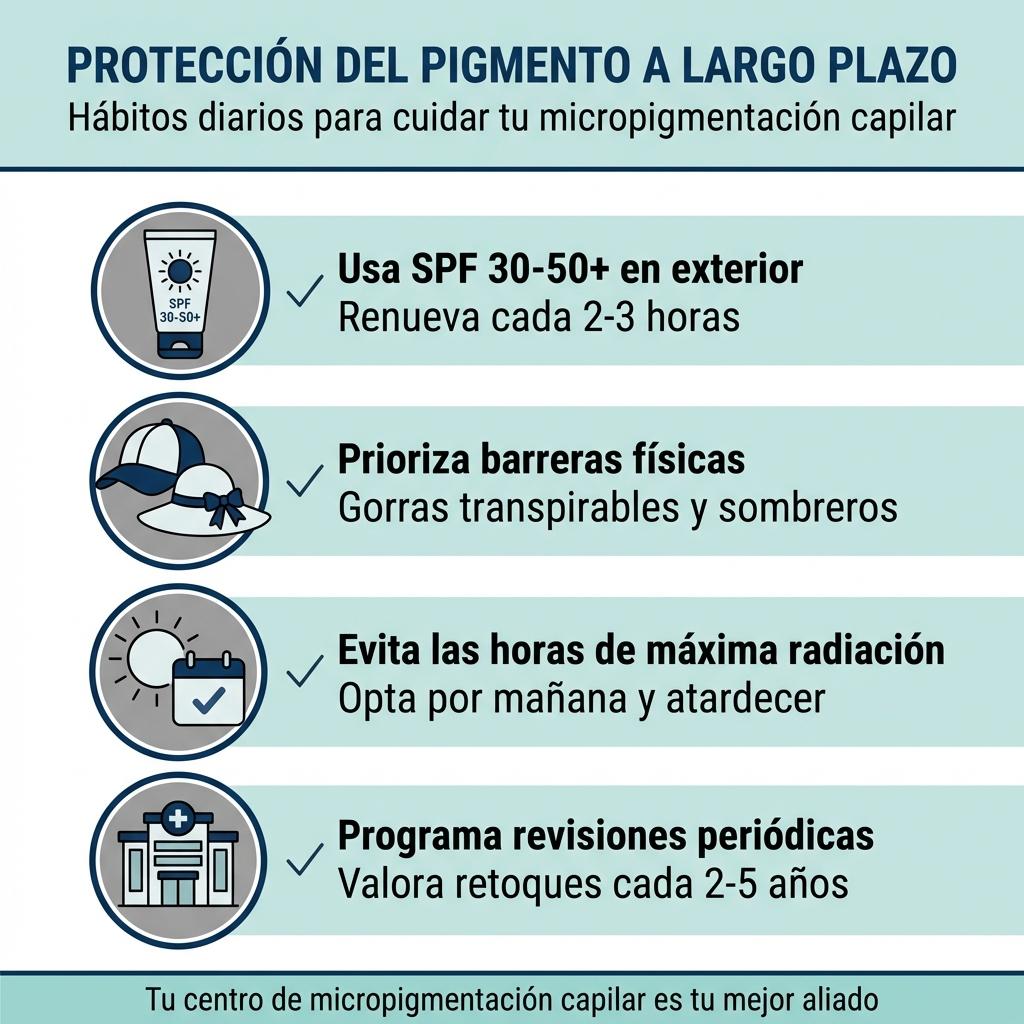 Checklist visual con hábitos diarios para proteger la micropigmentación capilar del sol a largo plazo.