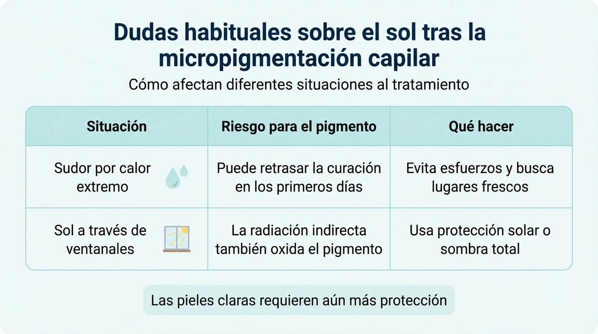 Diagrama comparativo sobre el impacto del calor, el sudor y la radiación indirecta en la micropigmentación capilar.