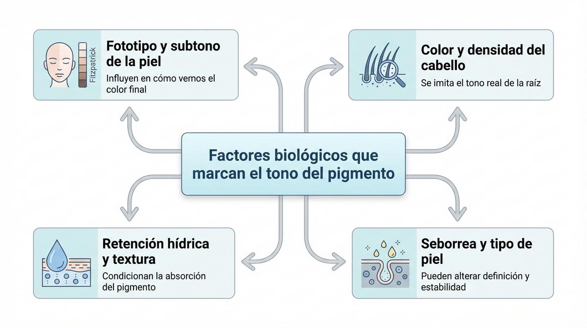 Diagrama que muestra los principales factores biológicos que condicionan el tono del pigmento en micropigmentación capilar.