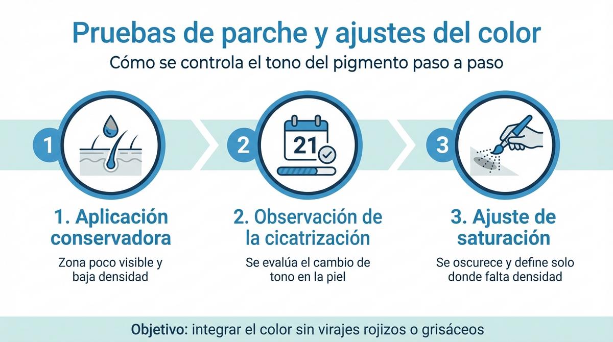 Infografía con checklist de tres pasos sobre pruebas de parche y ajustes de color en micropigmentación capilar.
