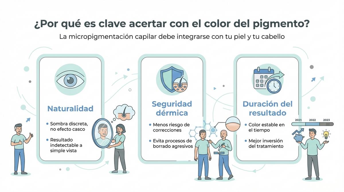 Infografía con tres columnas que resumen la importancia de acertar con el color del pigmento en micropigmentación capilar.
