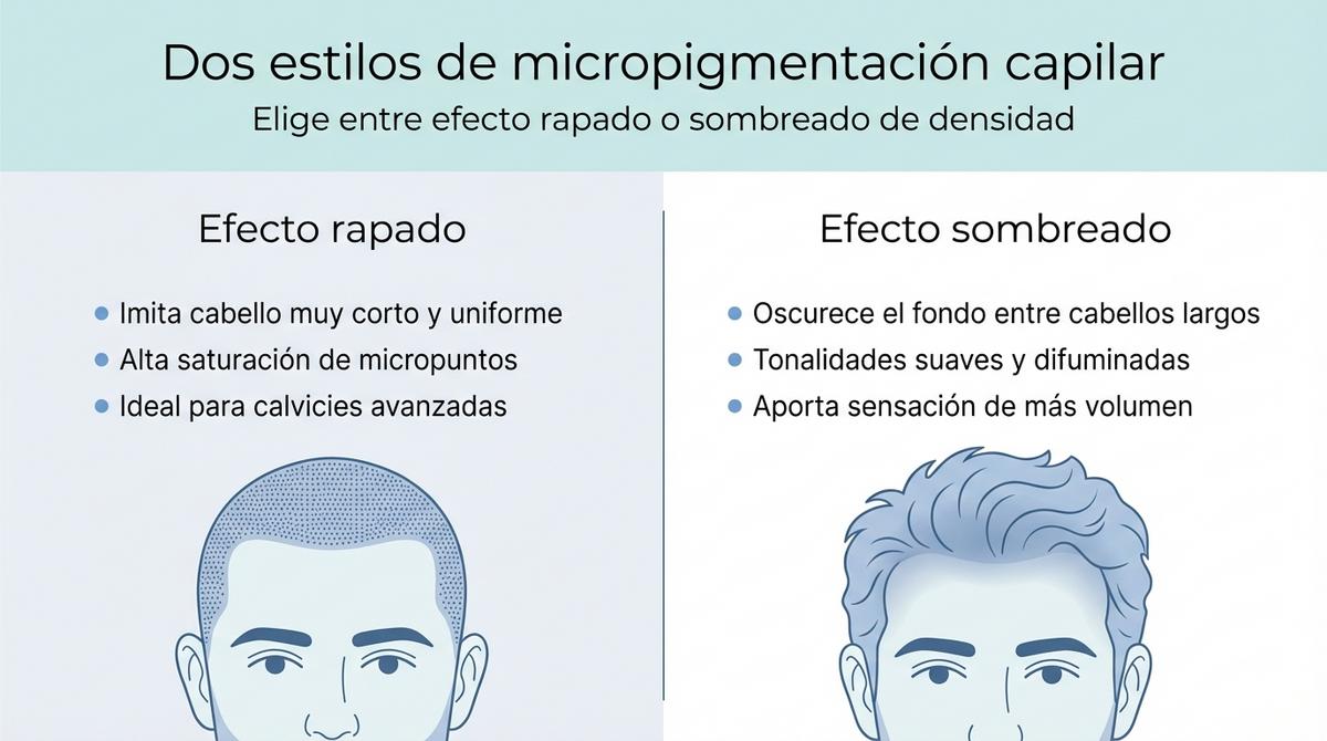Infografía que compara el efecto rapado y el efecto sombreado en una micropigmentación capilar.