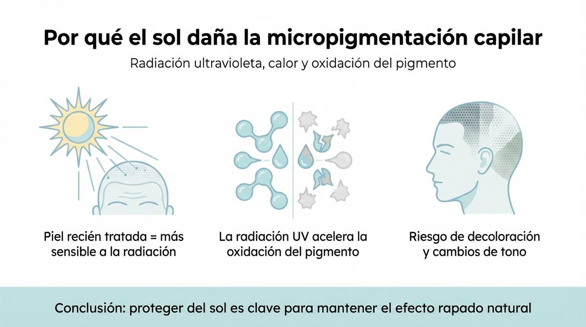 Infografía sobre cómo la radiación solar y el calor afectan al pigmento en la micropigmentación capilar.
