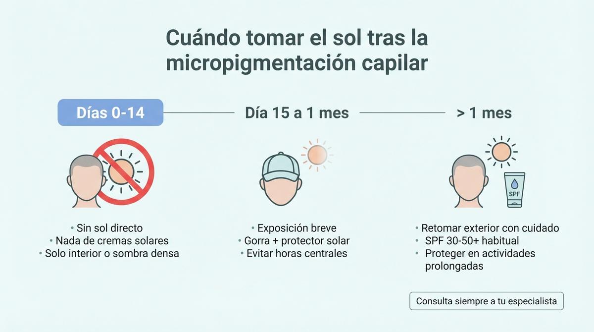 Línea de tiempo con las fases de exposición solar recomendada tras la micropigmentación capilar.