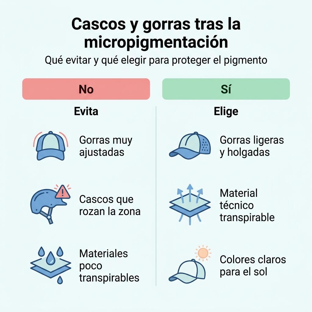 Diagrama comparativo sobre qué cascos y gorras evitar y cuáles elegir después de una micropigmentación capilar.