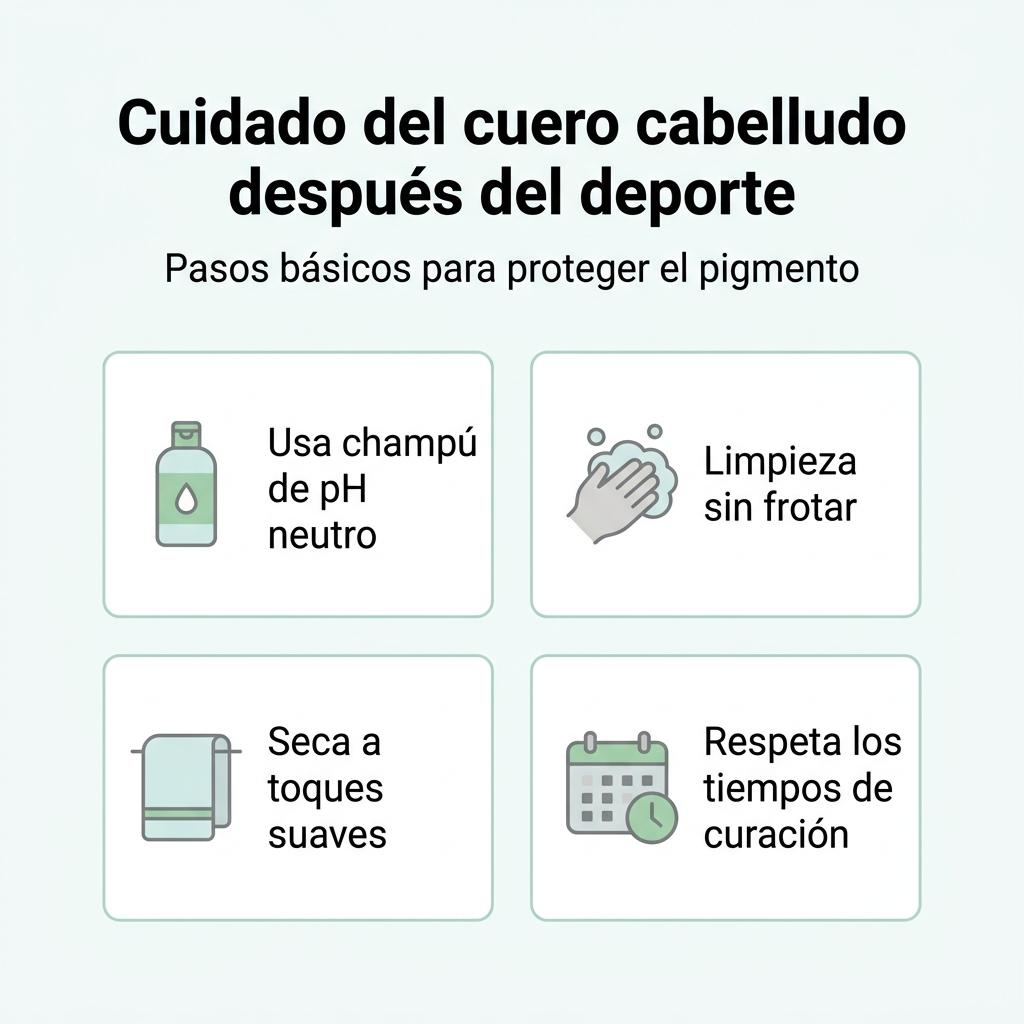 Diagrama con checklist visual de pasos para cuidar el cuero cabelludo tras el deporte cuando se lleva micropigmentación capilar.