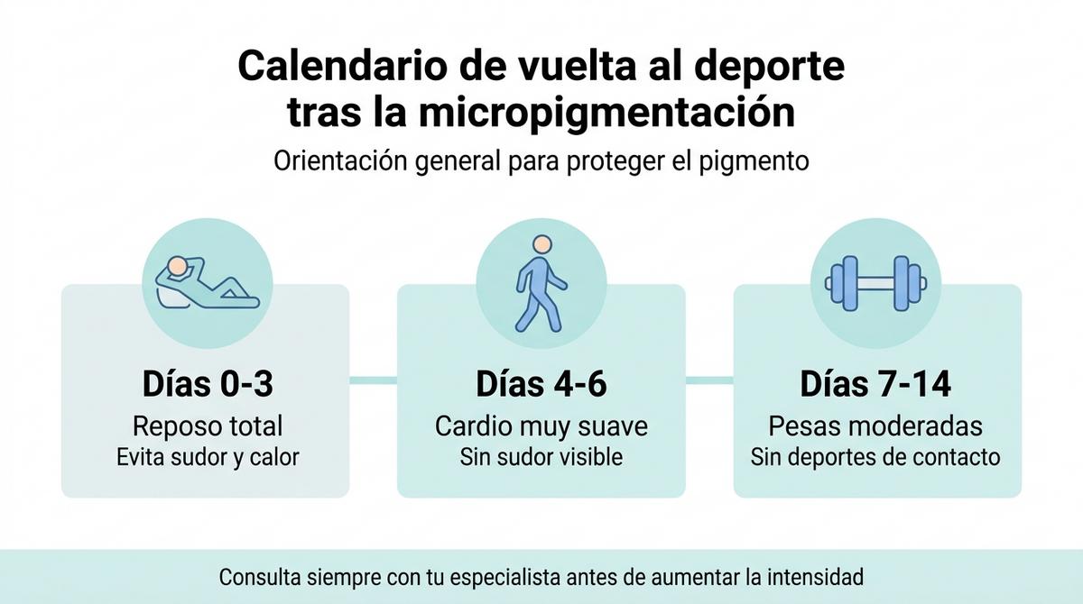 Infografía con calendario orientativo para retomar el deporte tras una micropigmentación capilar.
