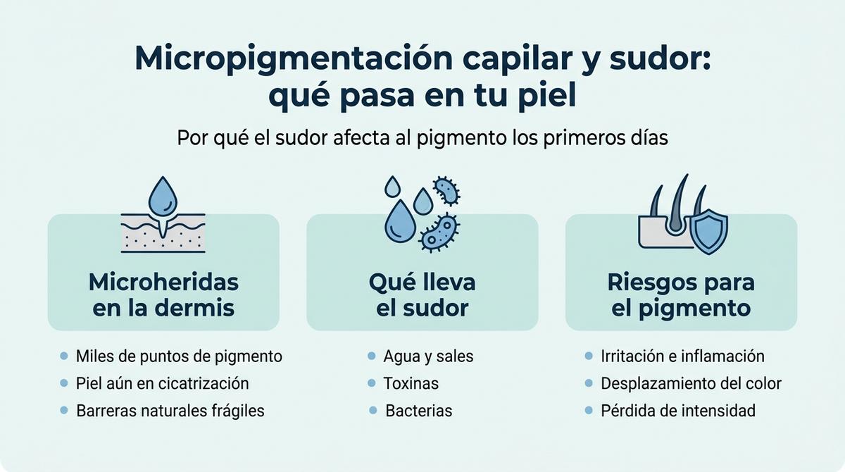 Infografía que muestra cómo el sudor puede afectar a la micropigmentación capilar durante los primeros días.