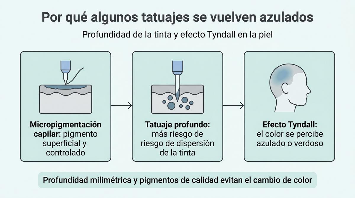 Diagrama del efecto Tyndall y la diferencia de profundidad entre micropigmentación capilar y tatuaje