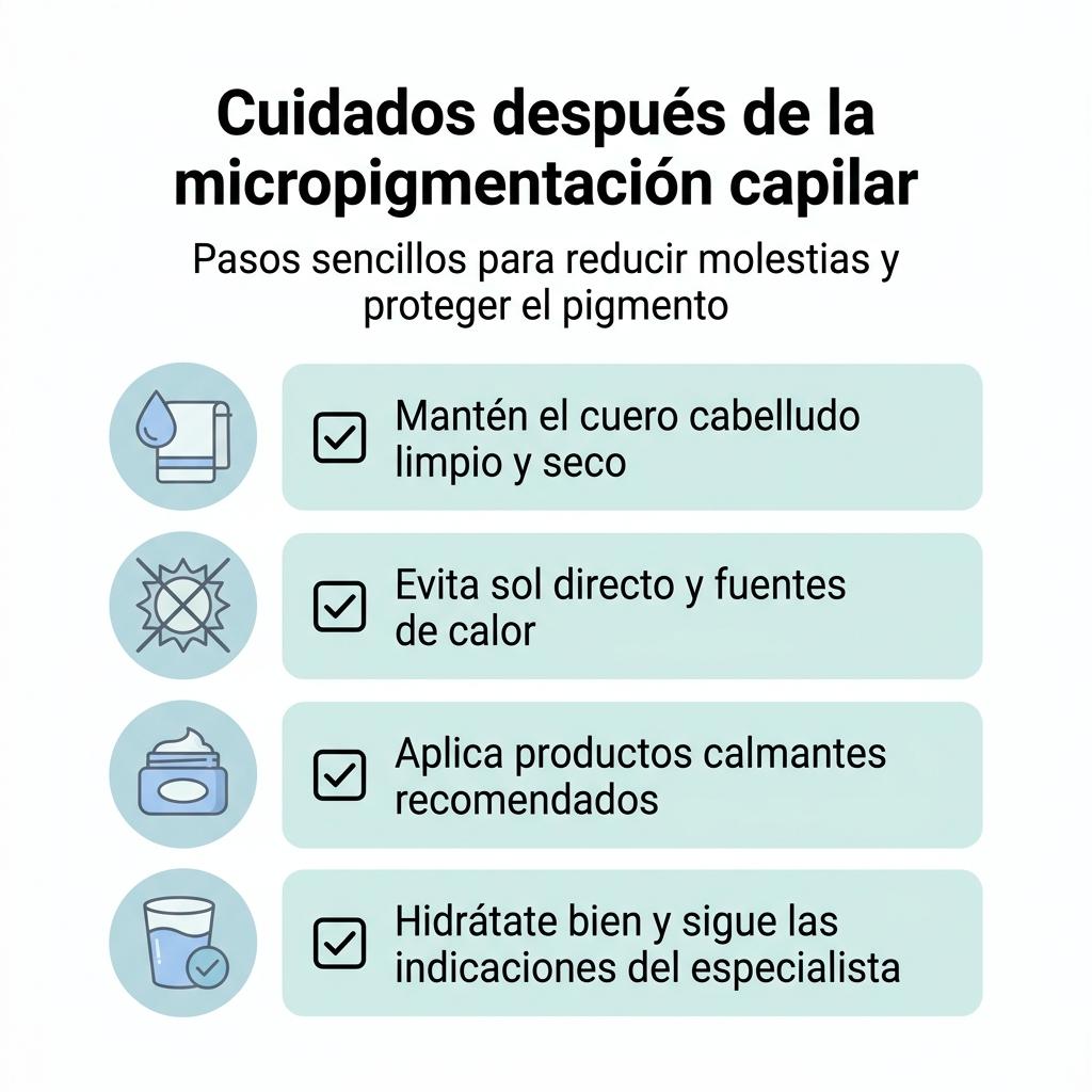 Diagrama tipo checklist con los cuidados básicos tras la micropigmentación capilar para reducir la molestia en el cuero cabelludo.