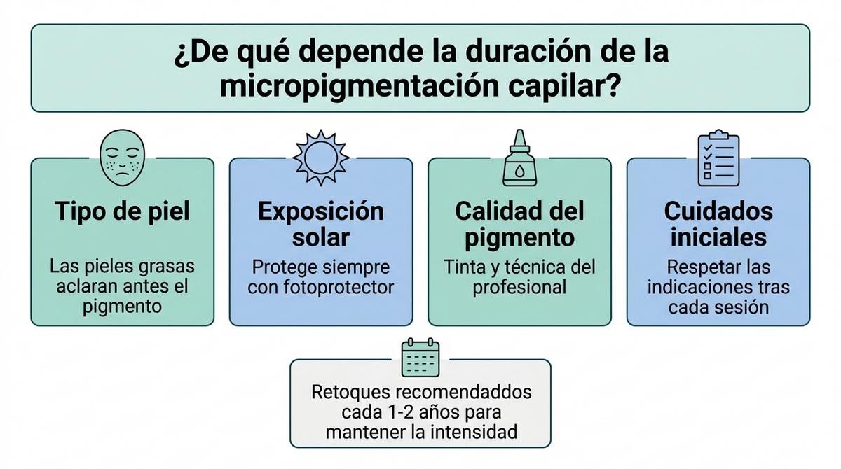 Diagrama visual con los principales factores que afectan a la duración de la micropigmentación capilar y a la frecuencia de los retoques.