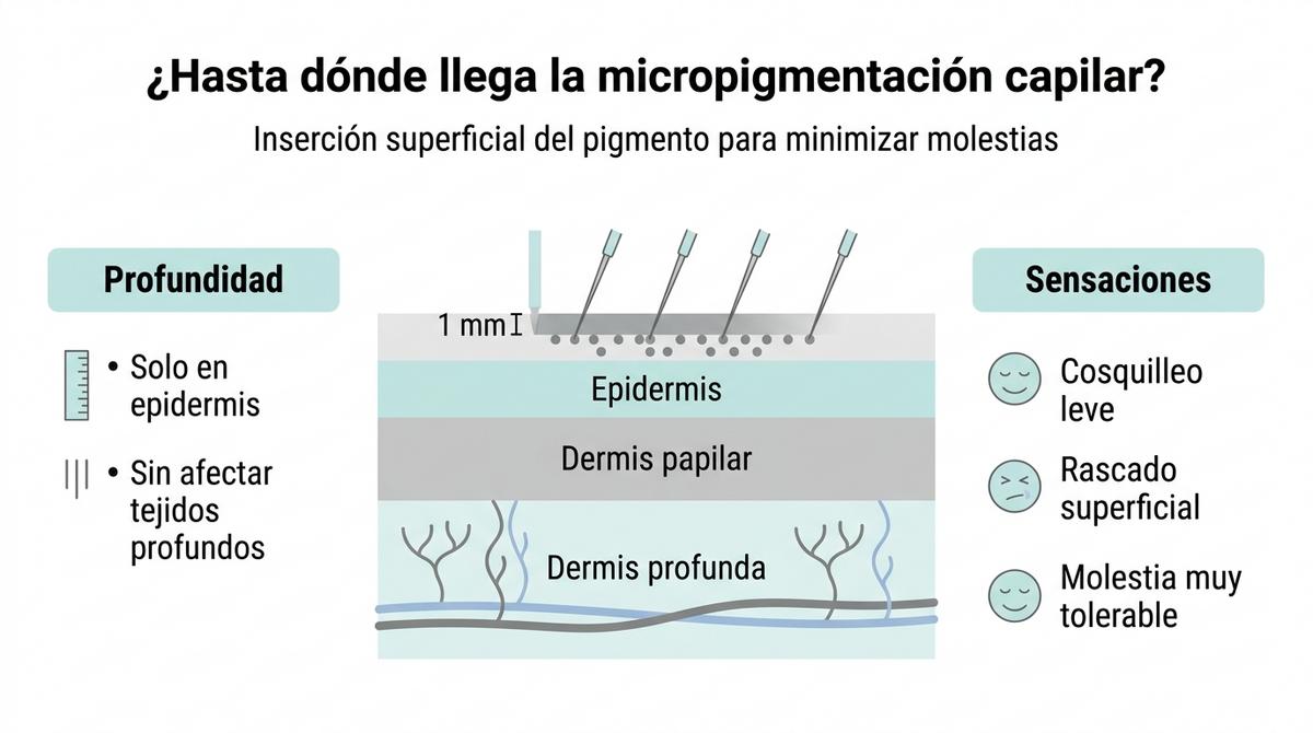 Esquema de las capas de la piel del cuero cabelludo mostrando la profundidad superficial de la micropigmentación capilar.