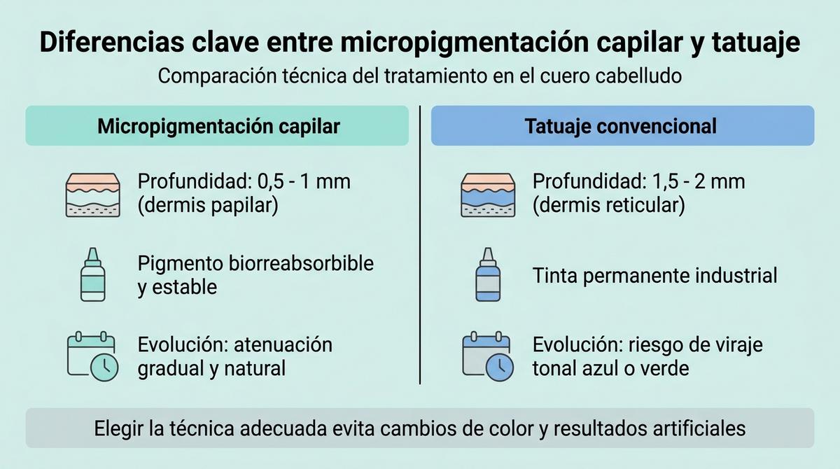 Infografía comparativa de diferencias técnicas entre micropigmentación capilar y tatuaje convencional