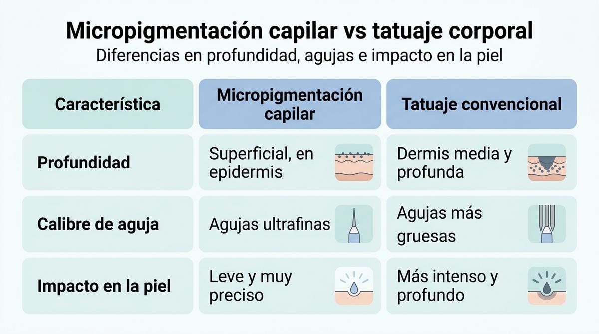 Infografía comparativa entre micropigmentación capilar y tatuaje convencional mostrando profundidad, tipo de aguja e impacto en la piel.