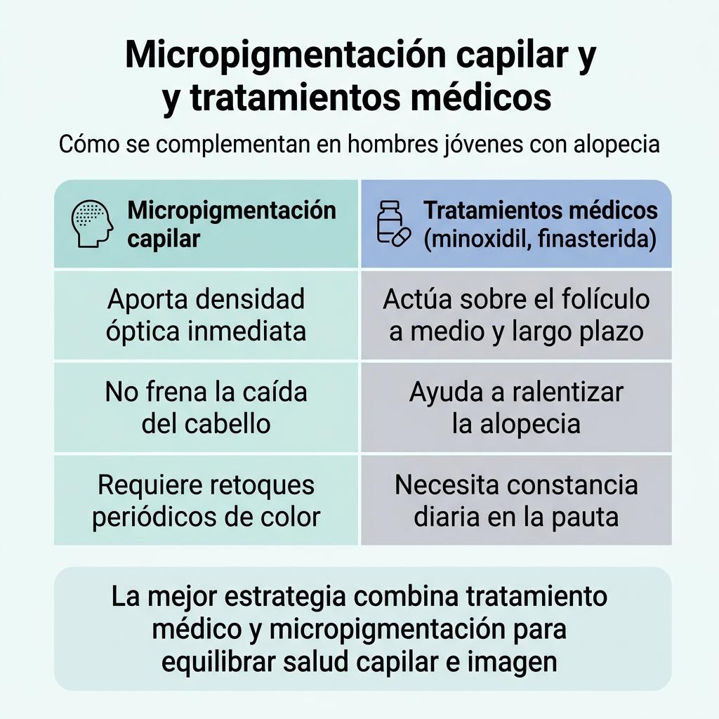 Infografía comparativa entre micropigmentación capilar y tratamientos médicos como minoxidil y finasterida en hombres jóvenes.