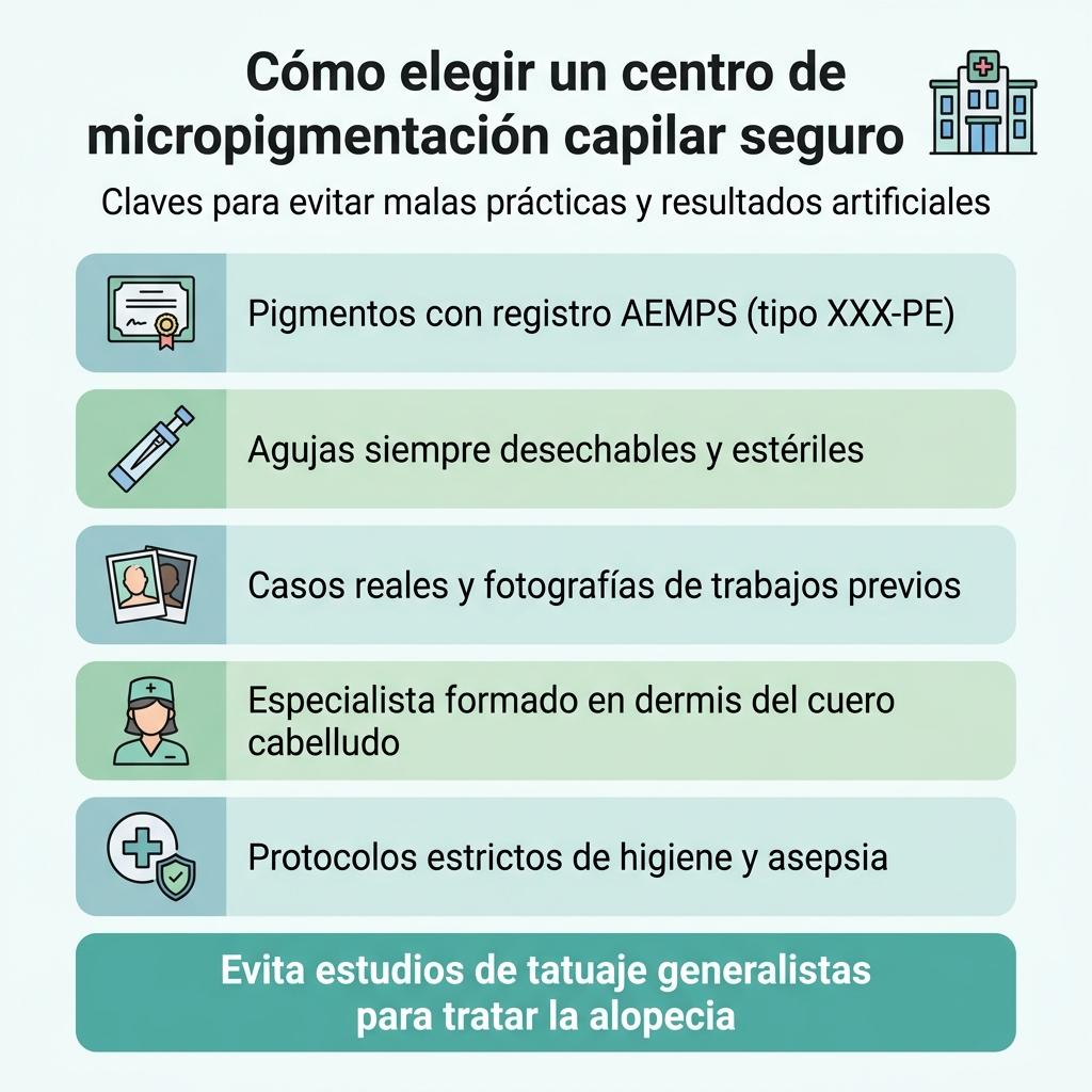Infografía con checklist para elegir un centro de micropigmentación capilar seguro