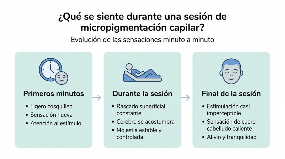 Infografía con una línea de tiempo que describe cómo evolucionan las sensaciones durante una sesión de micropigmentación capilar.
