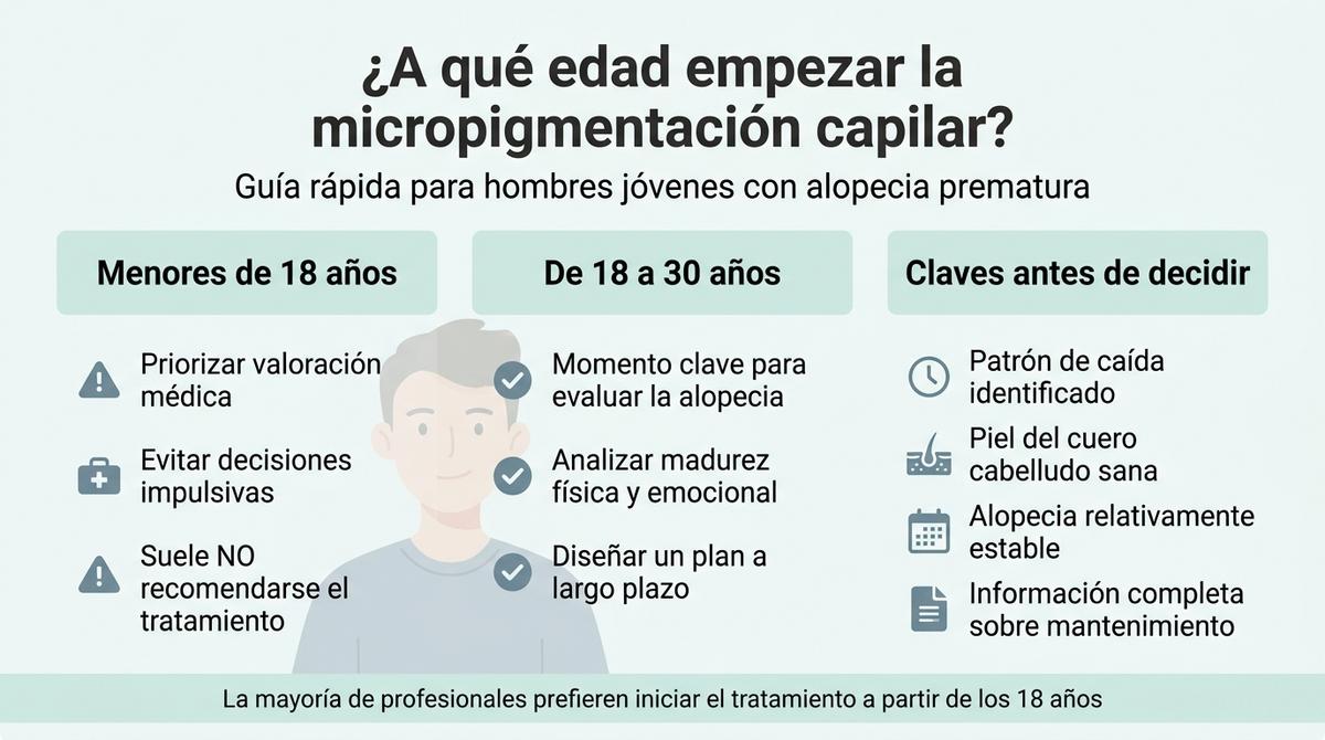 Infografía que resume la edad recomendada y las claves para iniciar la micropigmentación capilar en hombres jóvenes.