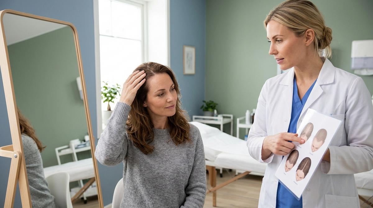 Mujer en una clínica de micropigmentación capilar evaluando la densidad de su cabello con una especialista