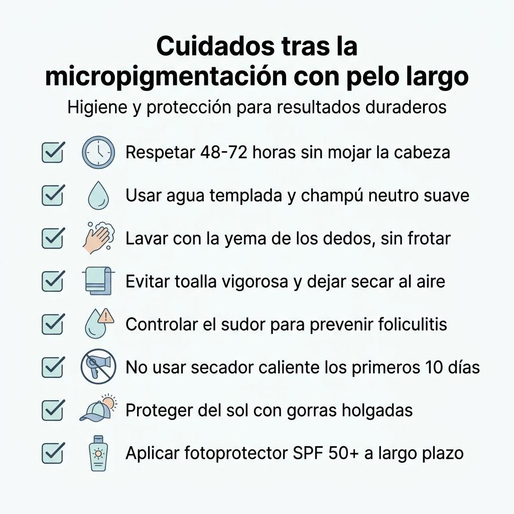 Checklist visual con los cuidados recomendados tras la micropigmentación capilar con pelo largo