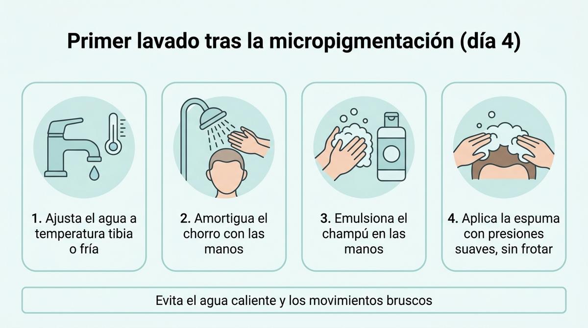 Diagrama con los pasos básicos para el primer lavado de la cabeza tras una micropigmentación capilar.