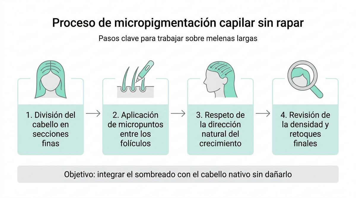Diagrama de los pasos del proceso de micropigmentación capilar sin rapar sobre cabello largo