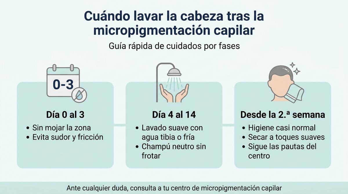 Infografía con la línea de tiempo de lavado de la cabeza tras la micropigmentación capilar por fases.