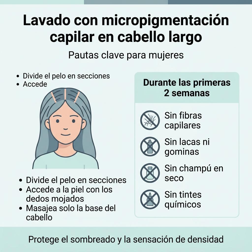 Infografía con recomendaciones de lavado para mujeres con cabello largo y micropigmentación capilar.
