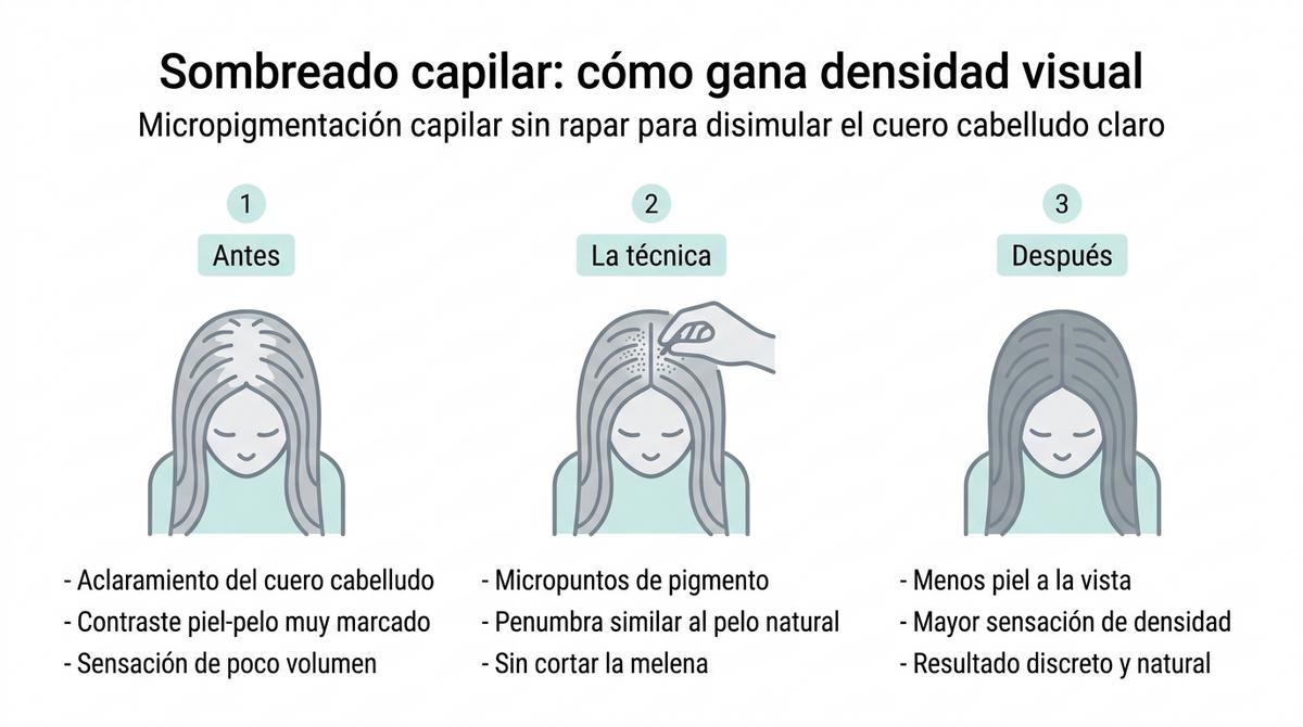 Infografía que compara el antes y después del sombreado capilar con micropigmentación sin rapar