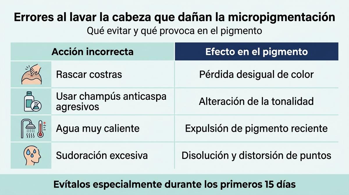 Infografía que muestra los principales errores al lavar la cabeza tras la micropigmentación y sus efectos en el pigmento.
