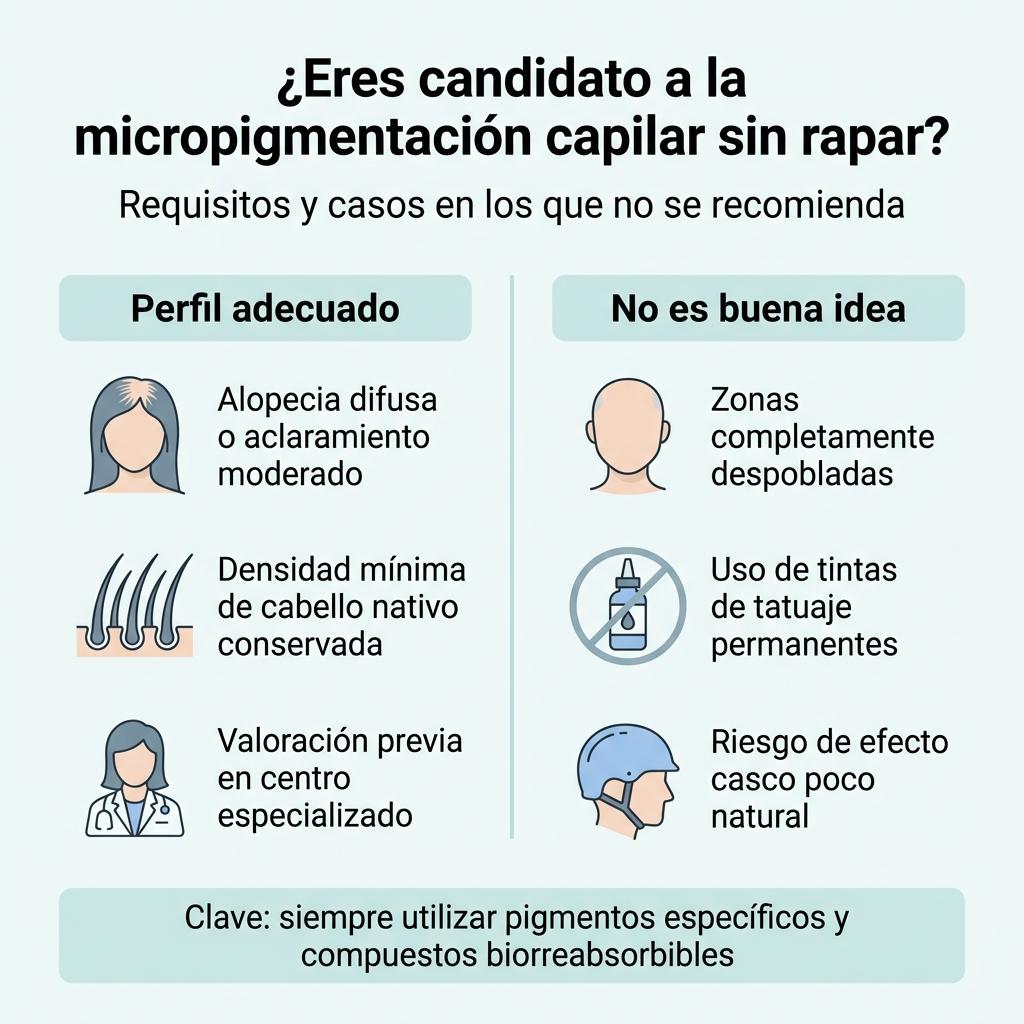 Infografía sobre los requisitos para la micropigmentación capilar sin rapar y cuándo no se recomienda