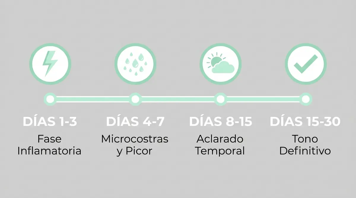 Infografía en línea de tiempo horizontal que detalla los días y etapas del proceso de curación de la micropigmentación capilar.