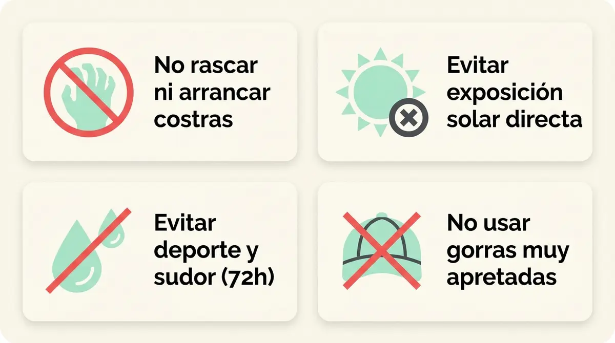 Infografía de errores comunes que se deben evitar durante el cuidado posterior de la micropigmentación capilar.