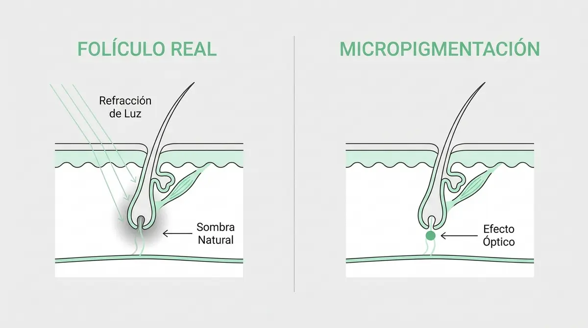 Infografía técnica sobre el fenómeno de refracción óptica en la raíz de una cana rapada, comparando el folículo real y la simulación por micropigmentación.